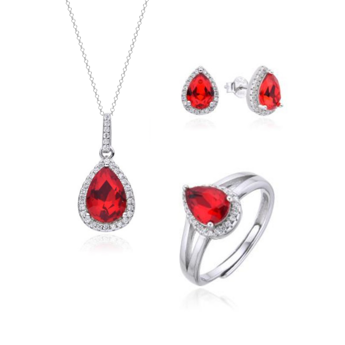 Parure Goccia con Contorno: Collana, Orecchini e Anello con Zirconi Swarovski Rossi in Argento 925