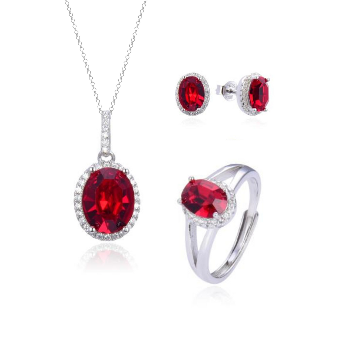 Parure Ovale con Contorno: Collana, Orecchini e Anello con Zirconi Swarovski Rossi in Argento 925