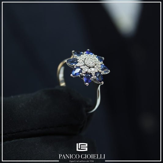 Anello con Zaffiri e Diamanti - taglio foglie