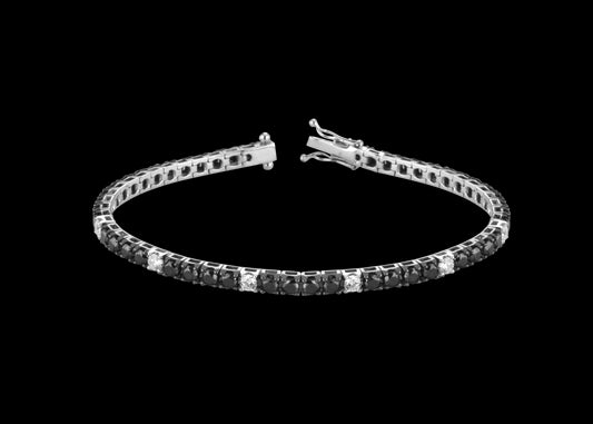 Tennis bracelet with black and white gold diamonds